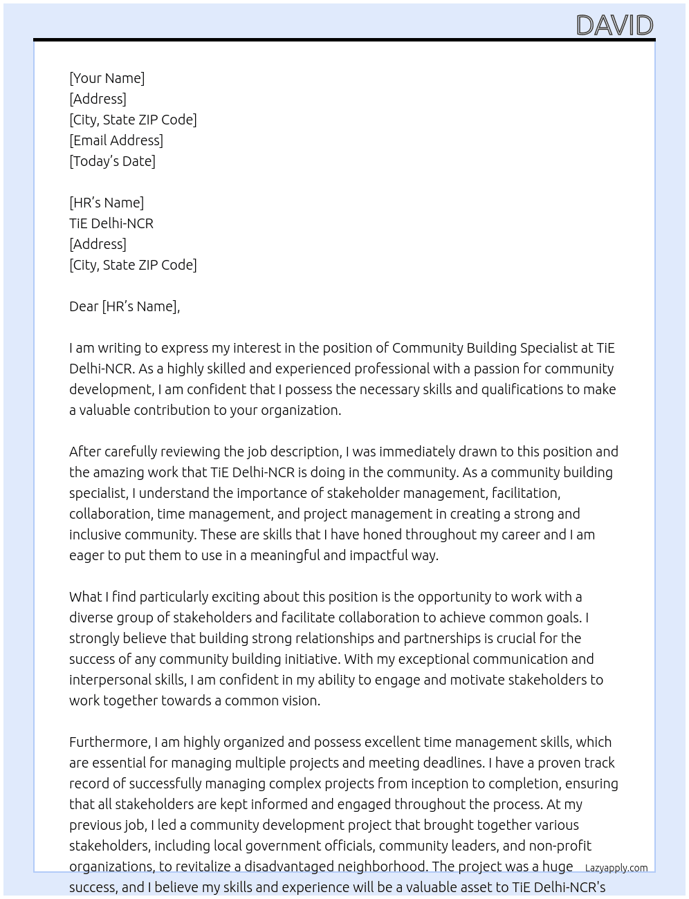 Community Building Specialist At TiE Delhi-NCR Cover Letter