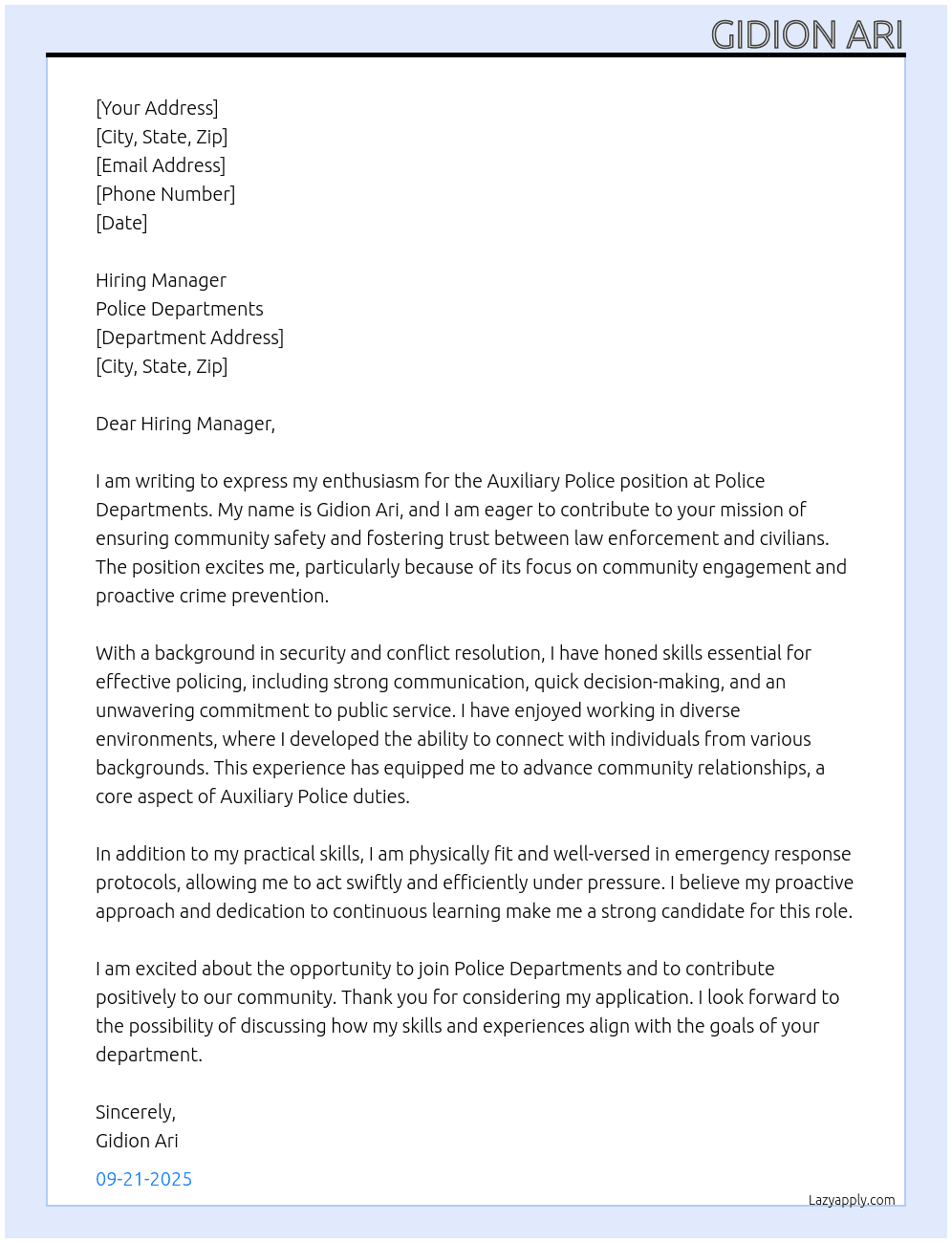 Auxiliary Police At police departments  Cover Letter