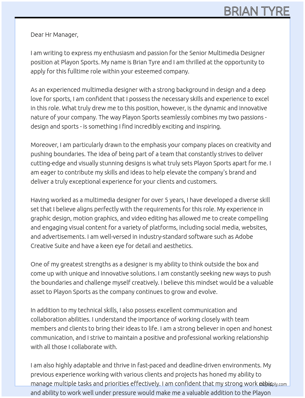 Senior Multimedia Designer At Playon Sports Cover Letter