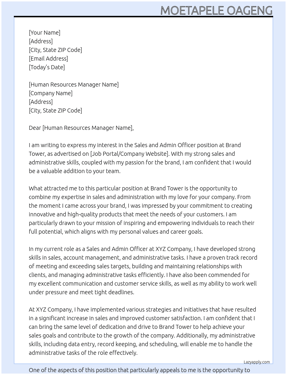 Sales and Admin Officer At Brand Tower  Cover Letter