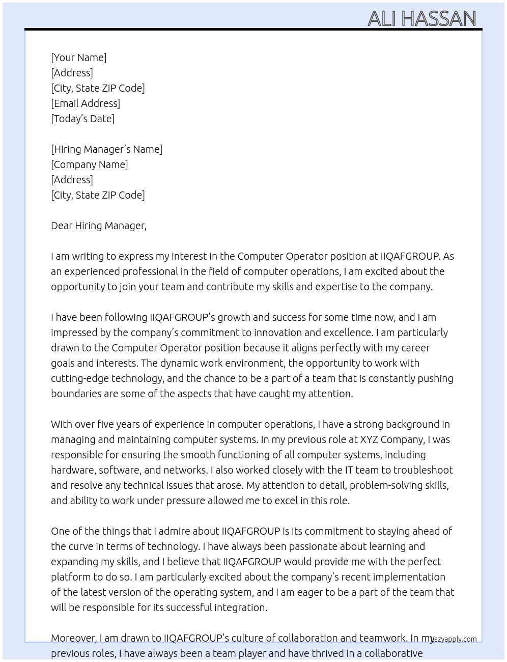 Computer Operator  At IIQAFGROUP Cover Letter