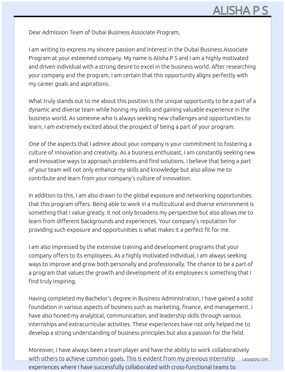 Dubai business associate program  At Dubai business associate  Cover Letter