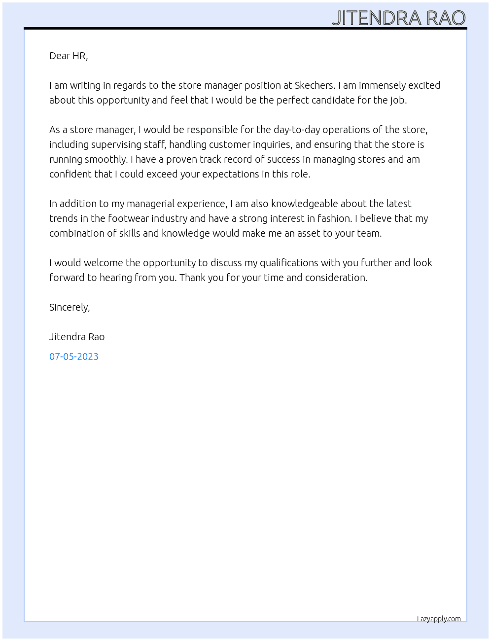 STORE MANAGER At SKETCHERS Cover Letter