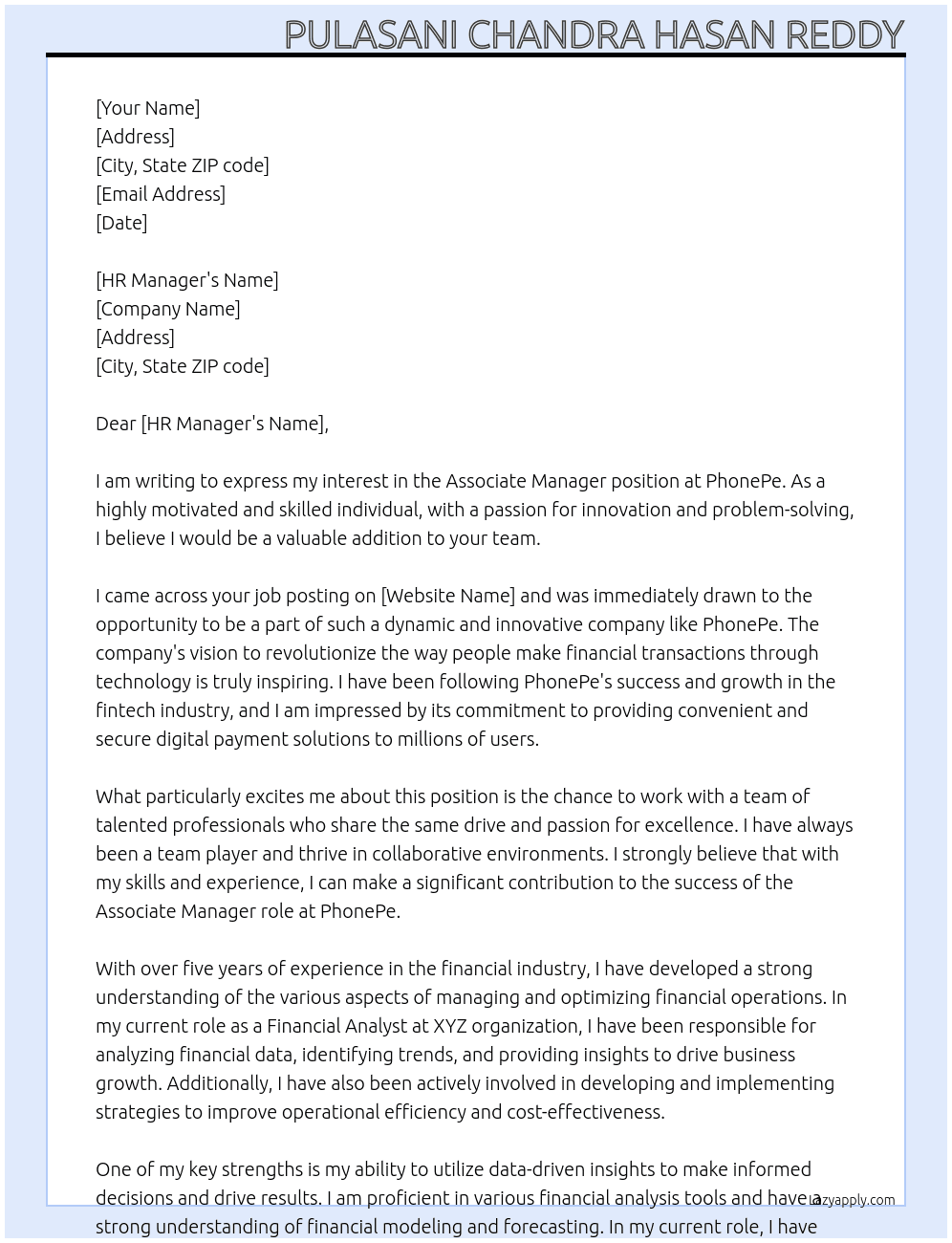 Associate Manager At phone pe Cover Letter
