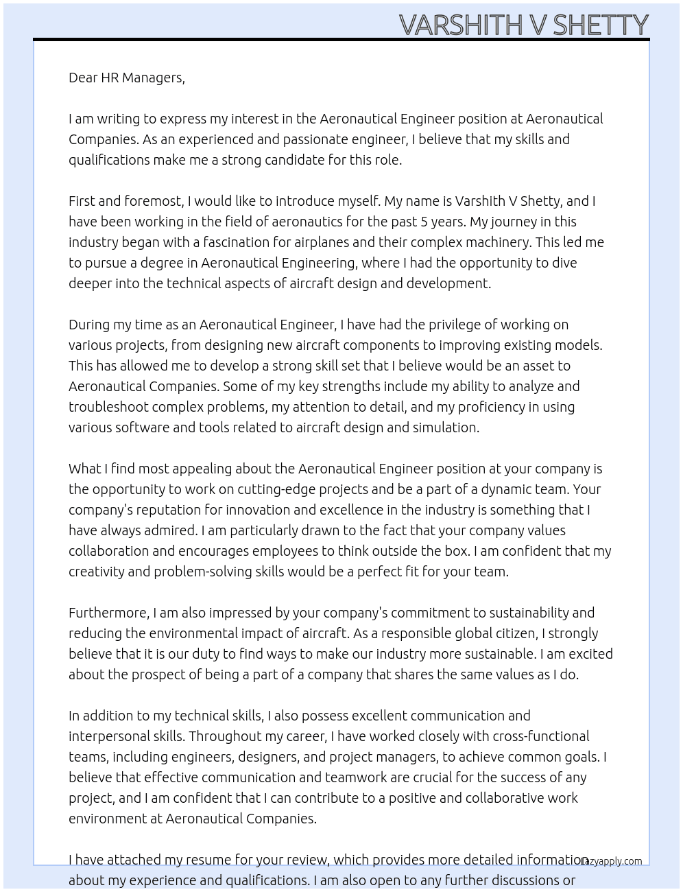Aeronautical Engineer At Aeronautical Companies Cover Letter