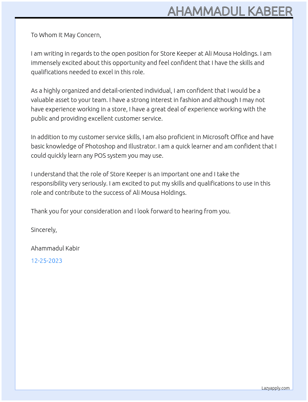 STORE KEEPER At ALI MOUSA HOLDINGS Cover Letter