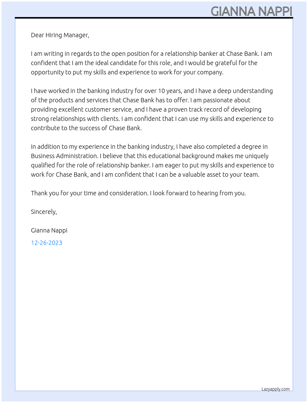 relationship banker At Chase Bank Cover Letter