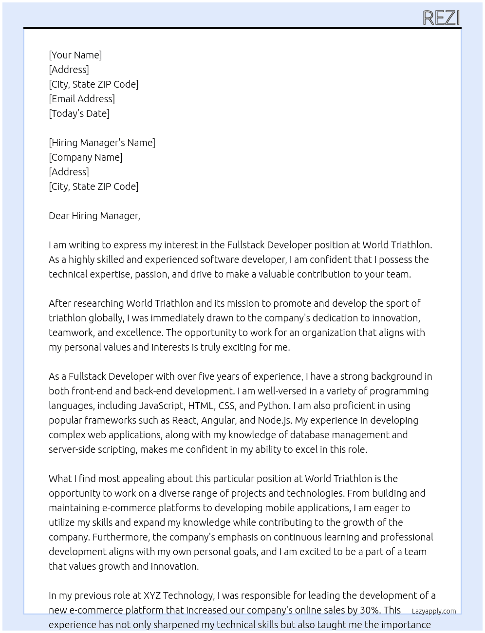 Fullstack Developer At World Triathlon Cover Letter