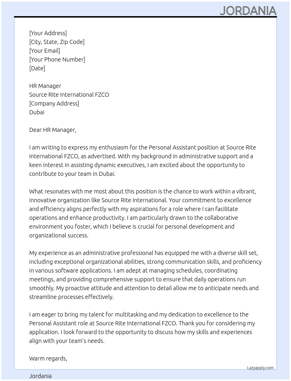 Personal Assistant At Source Rite International FZCO Cover Letter