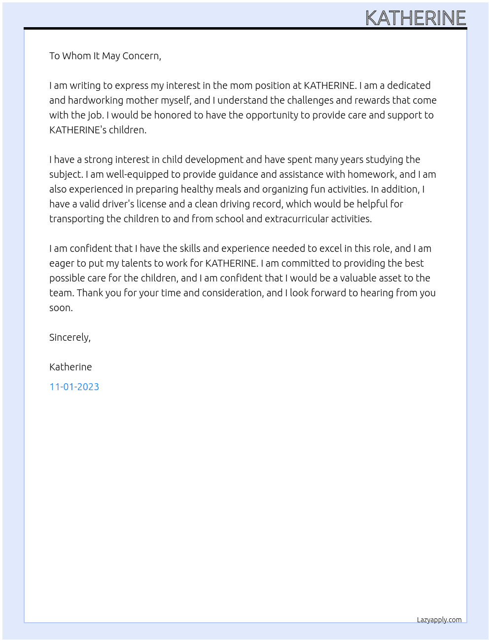 mom At KATHERINE Cover Letter