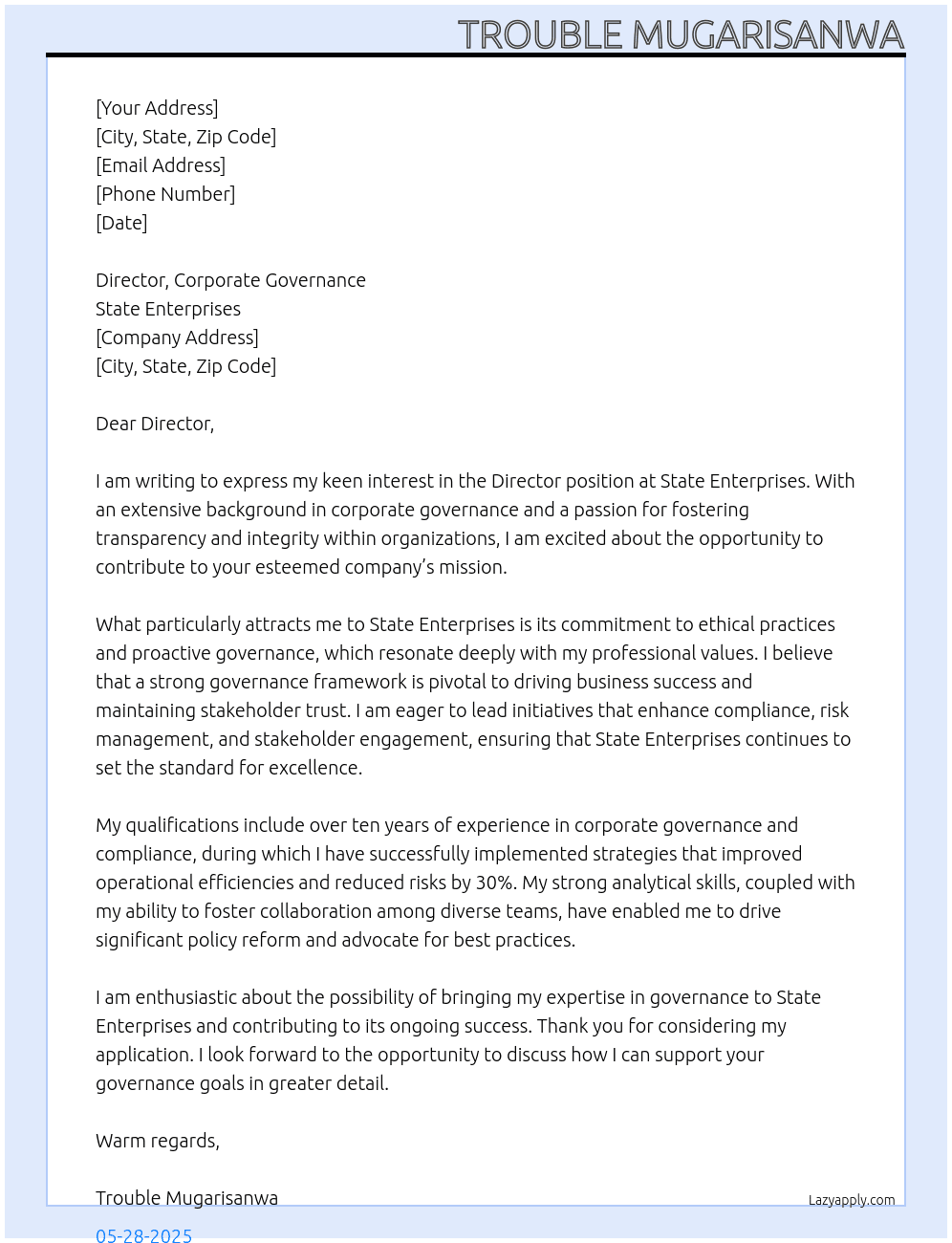 Director At State Enterprises Cover Letter
