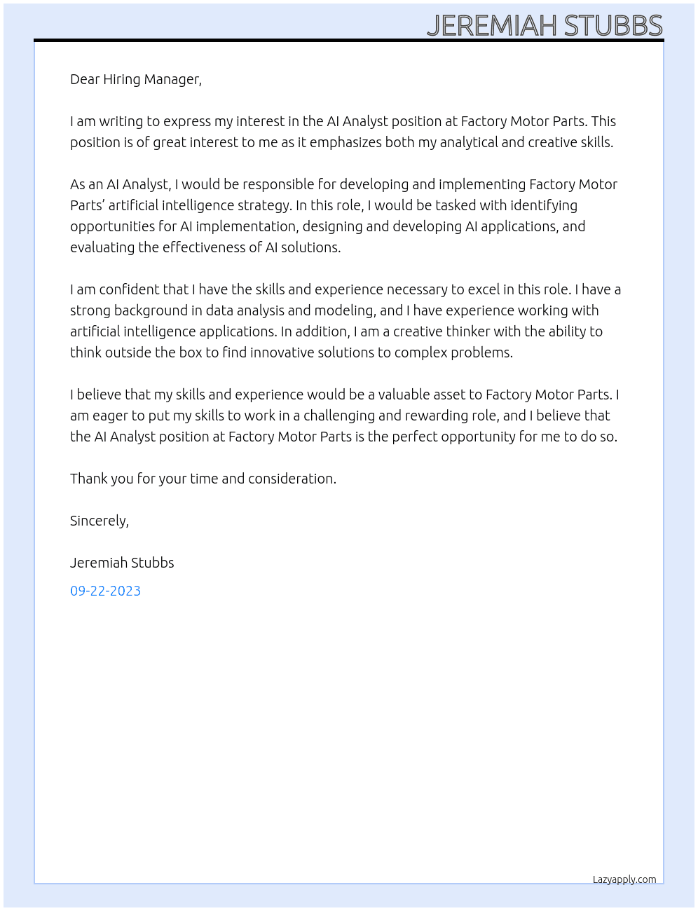 AI Analyst At Factory Motor Parts Cover Letter