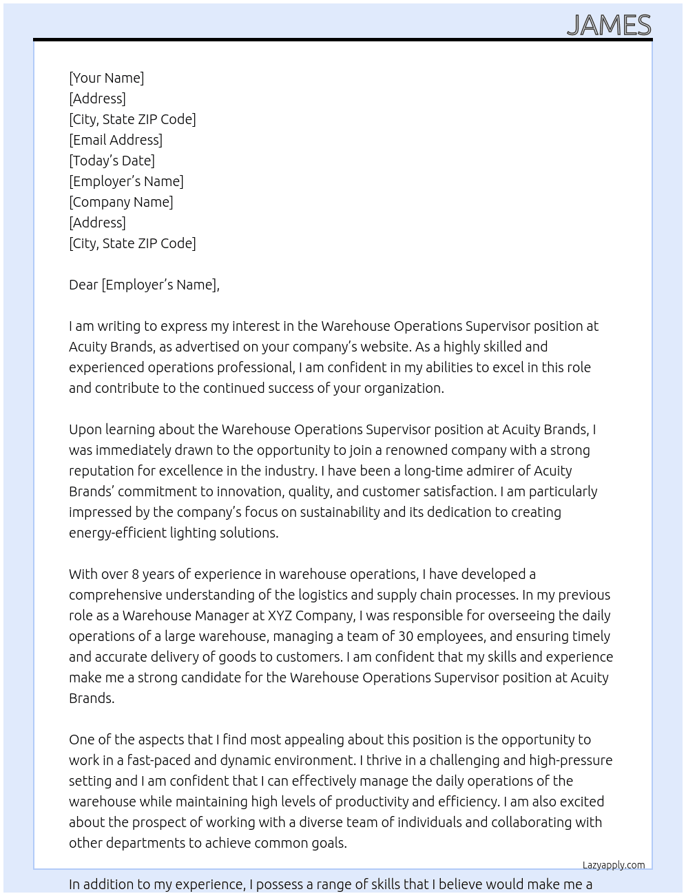 Warehouse Operations Supervisor At Acuity Brands Cover Letter