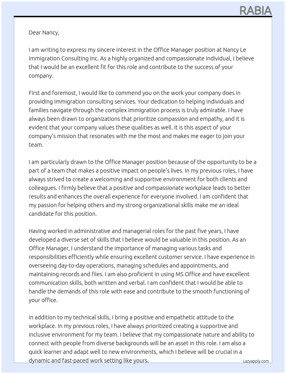 Office manager At Nancy Le Immigration Consulting Inc. Cover Letter