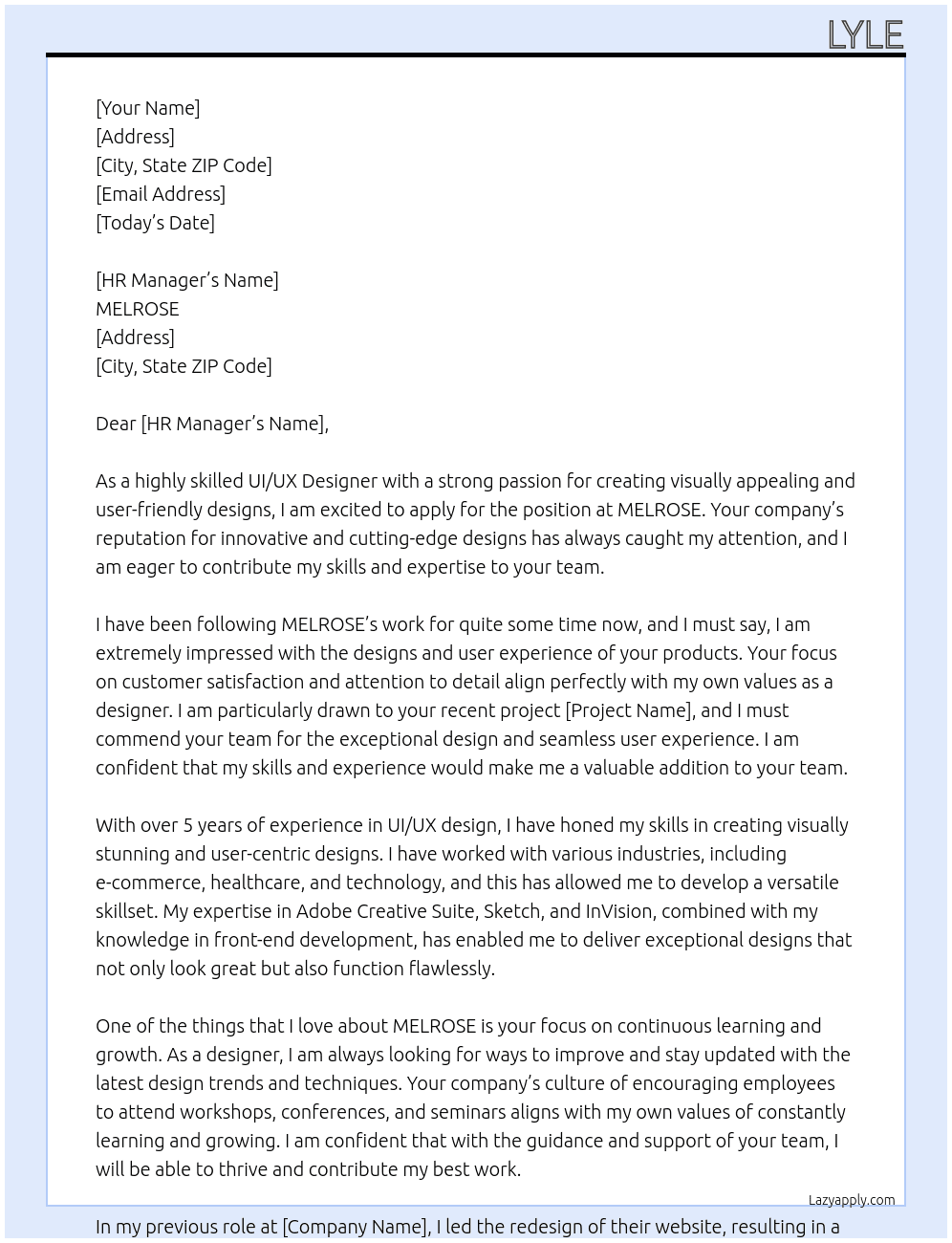 UI/UX DESIGNER At MELROSE Cover Letter