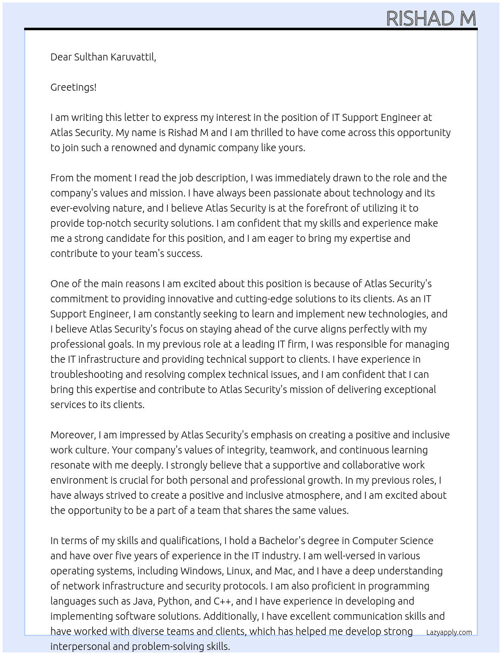 It Support Engineer  At Atlas Security  Cover Letter