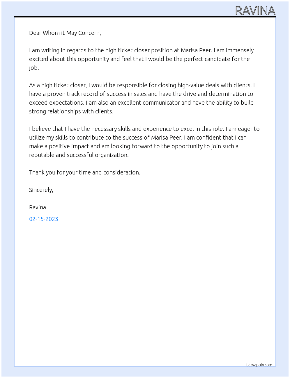 high ticket closer At marisa peer Cover Letter