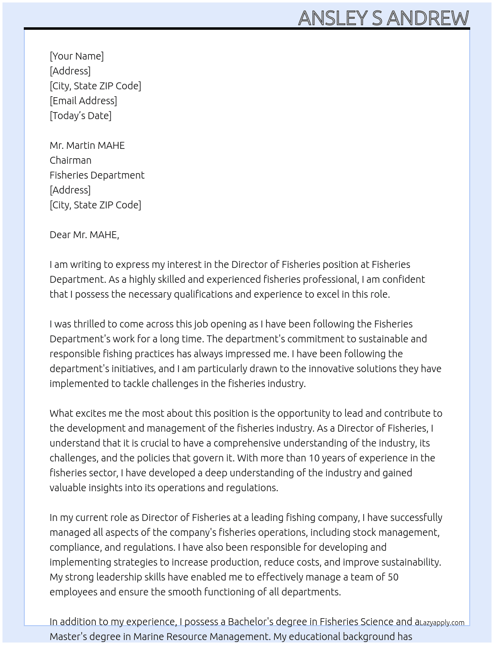 Director of Fisheries At Fisheries Department Cover Letter