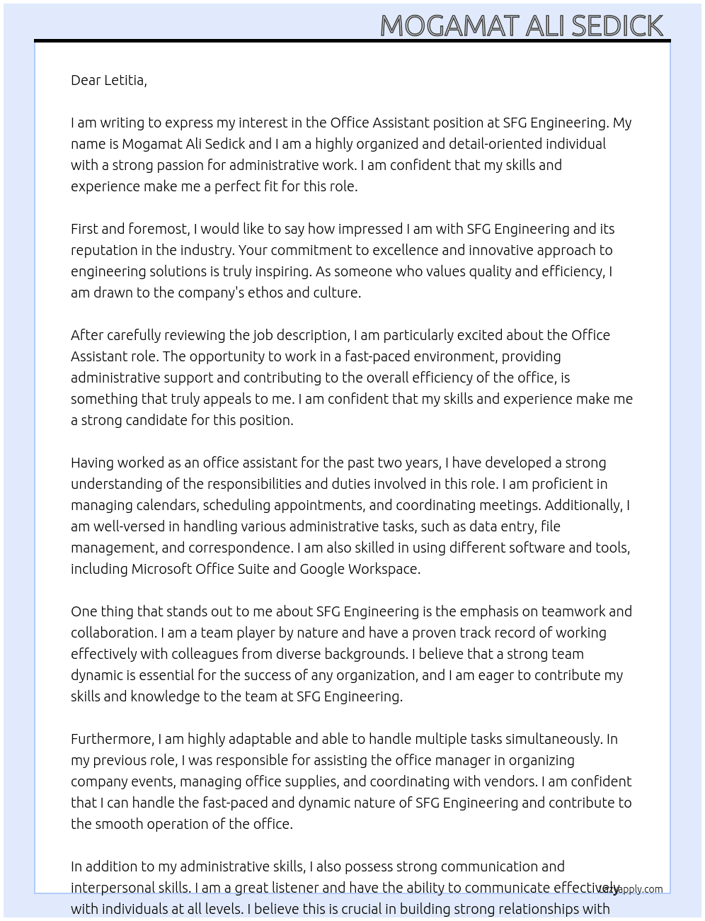 Office Assistant  At SFG Engineering Cover Letter