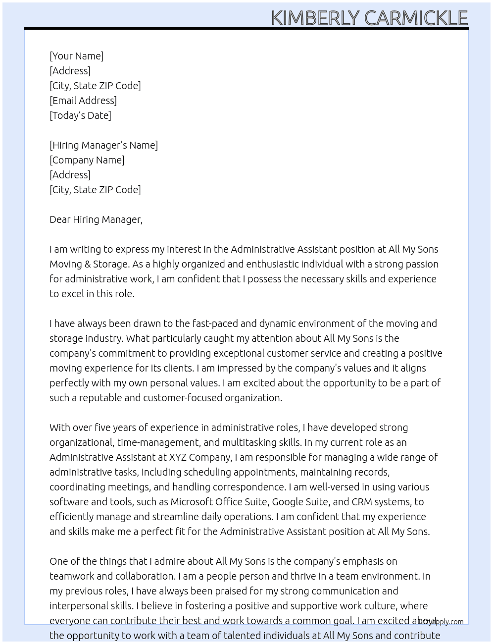 Administrative Assistant At All My Sons Moving & Storage Cover Letter
