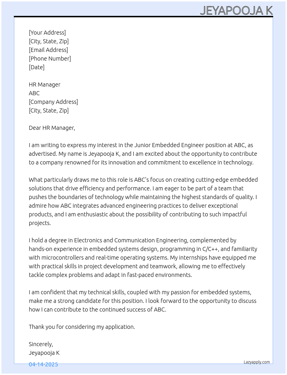 Cover letter for juniour embedded engineer - LazyApply