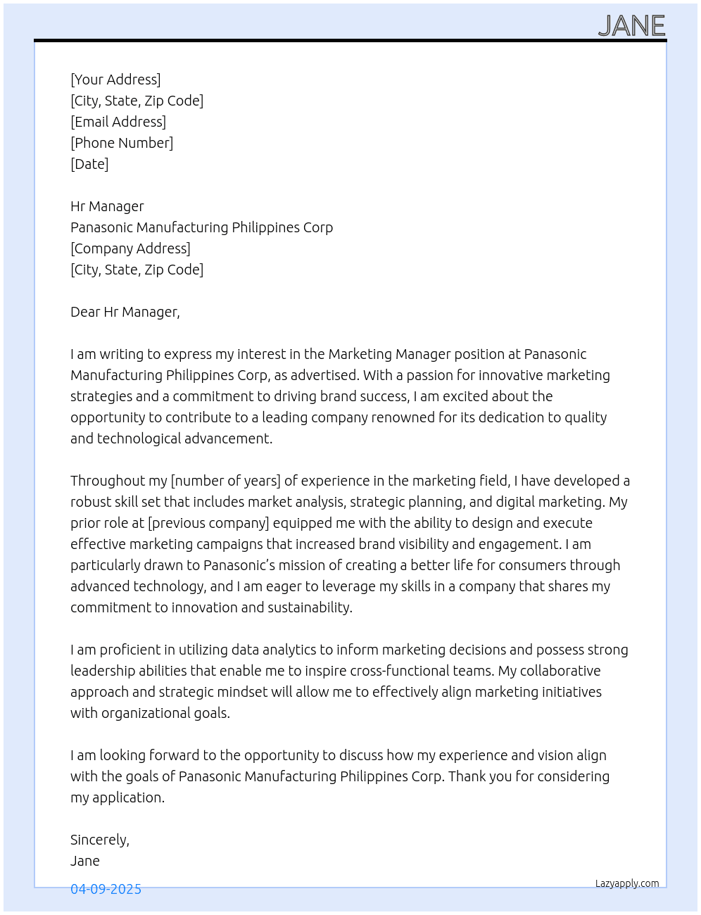 Marketing Manager At Panasonic Manufacturing Philippines Corp Cover Letter