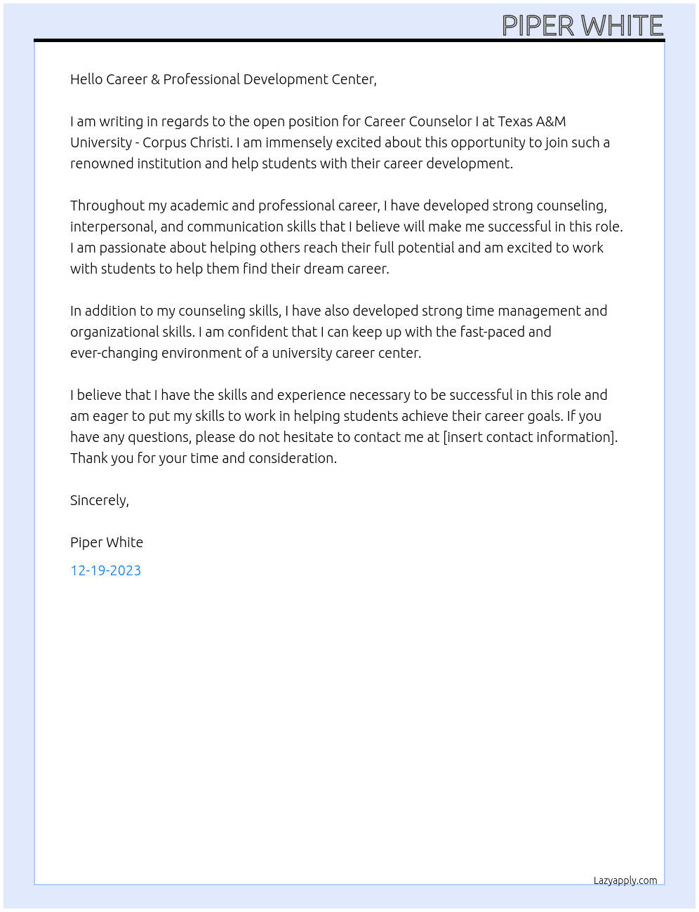 Career Counselor I At Texas A&M University - Corpus Christi Cover Letter