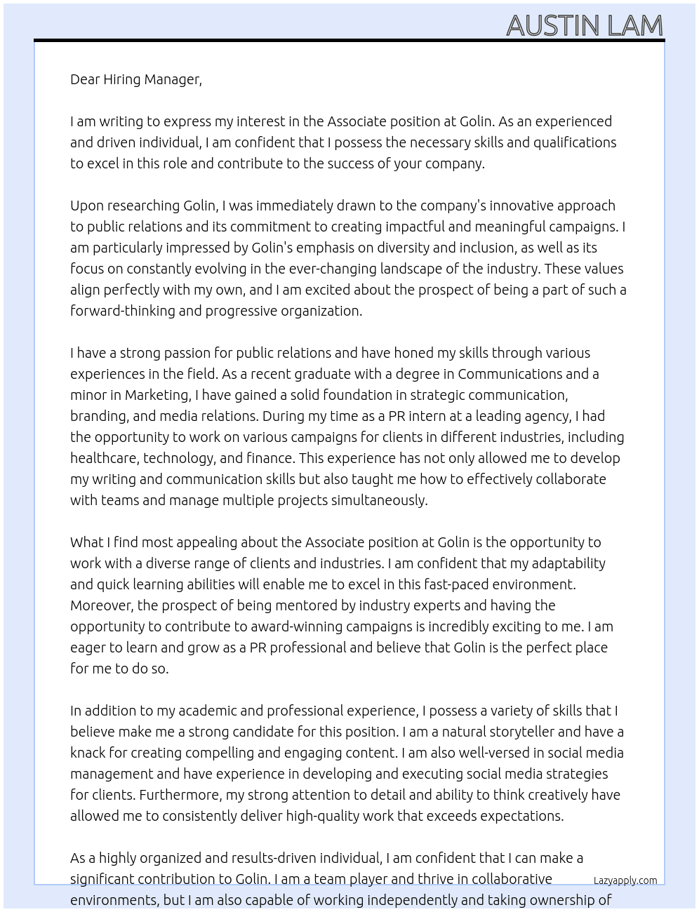 Associate At Golin Cover Letter