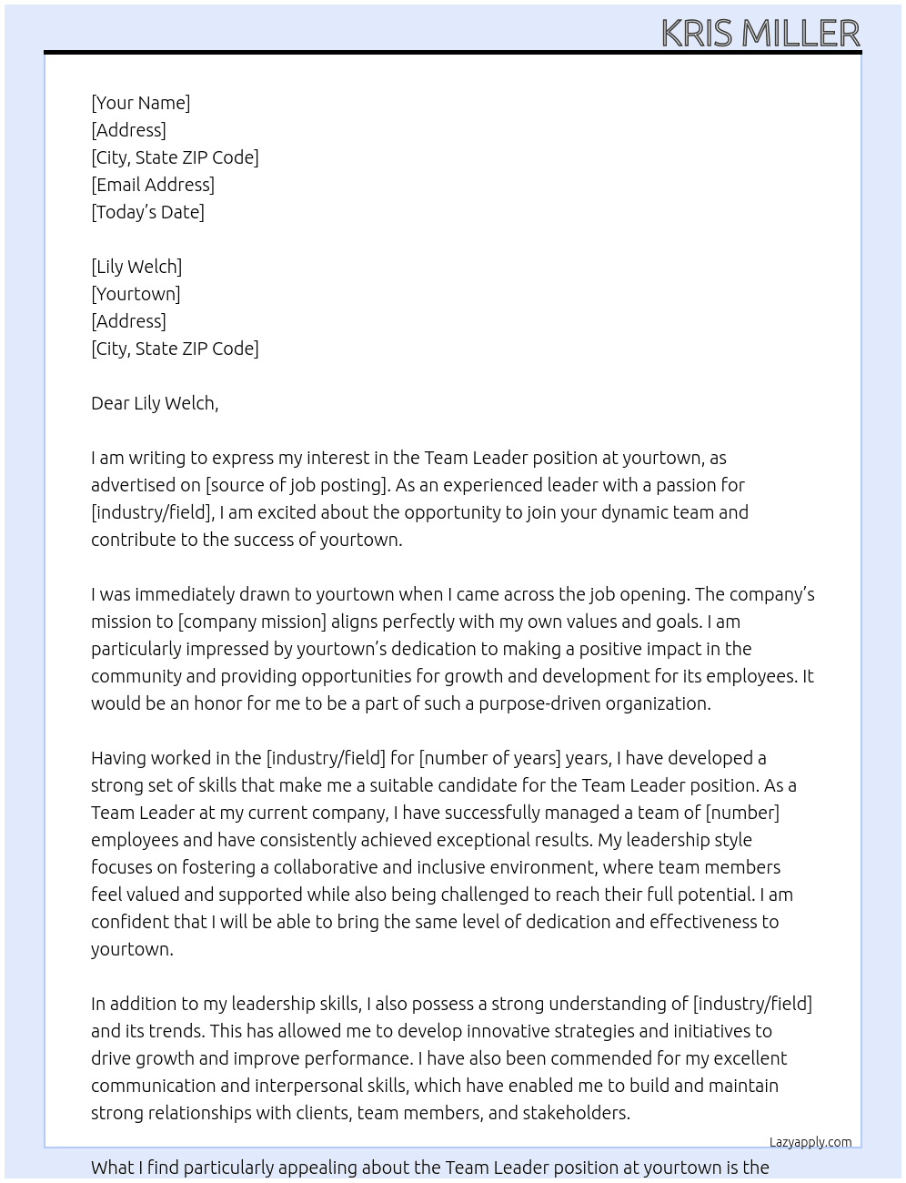 Team Leader At yourtown Cover Letter