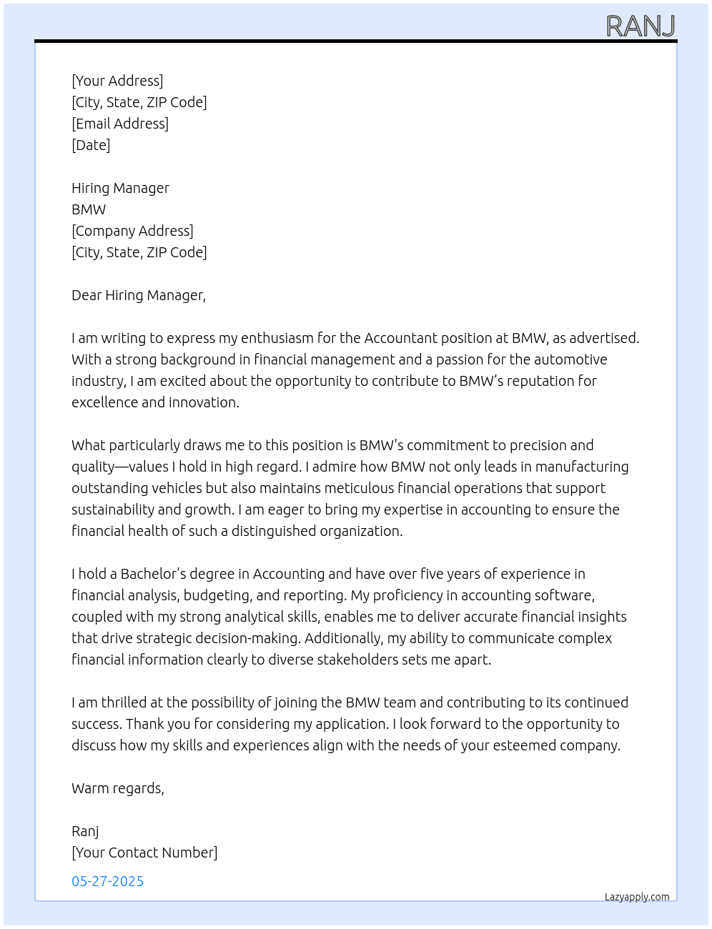 accountant At BMW Cover Letter