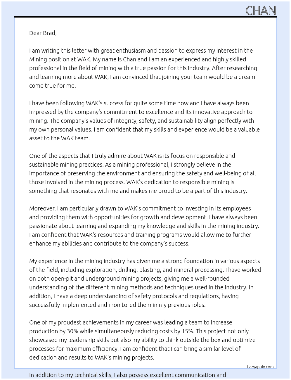 mining  At wak Cover Letter