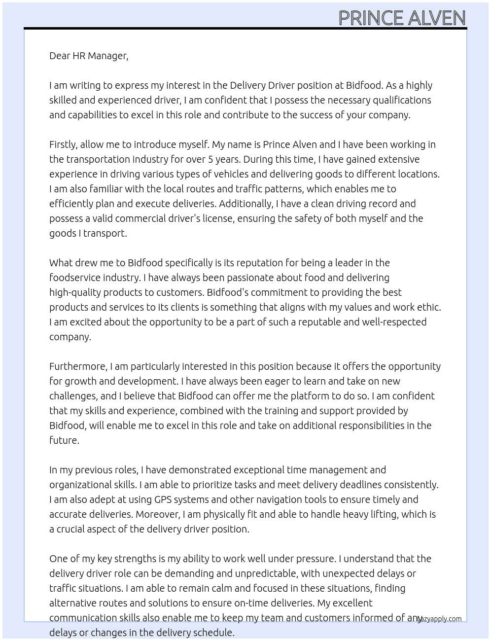 Delivery Driver At Bidfood Cover Letter