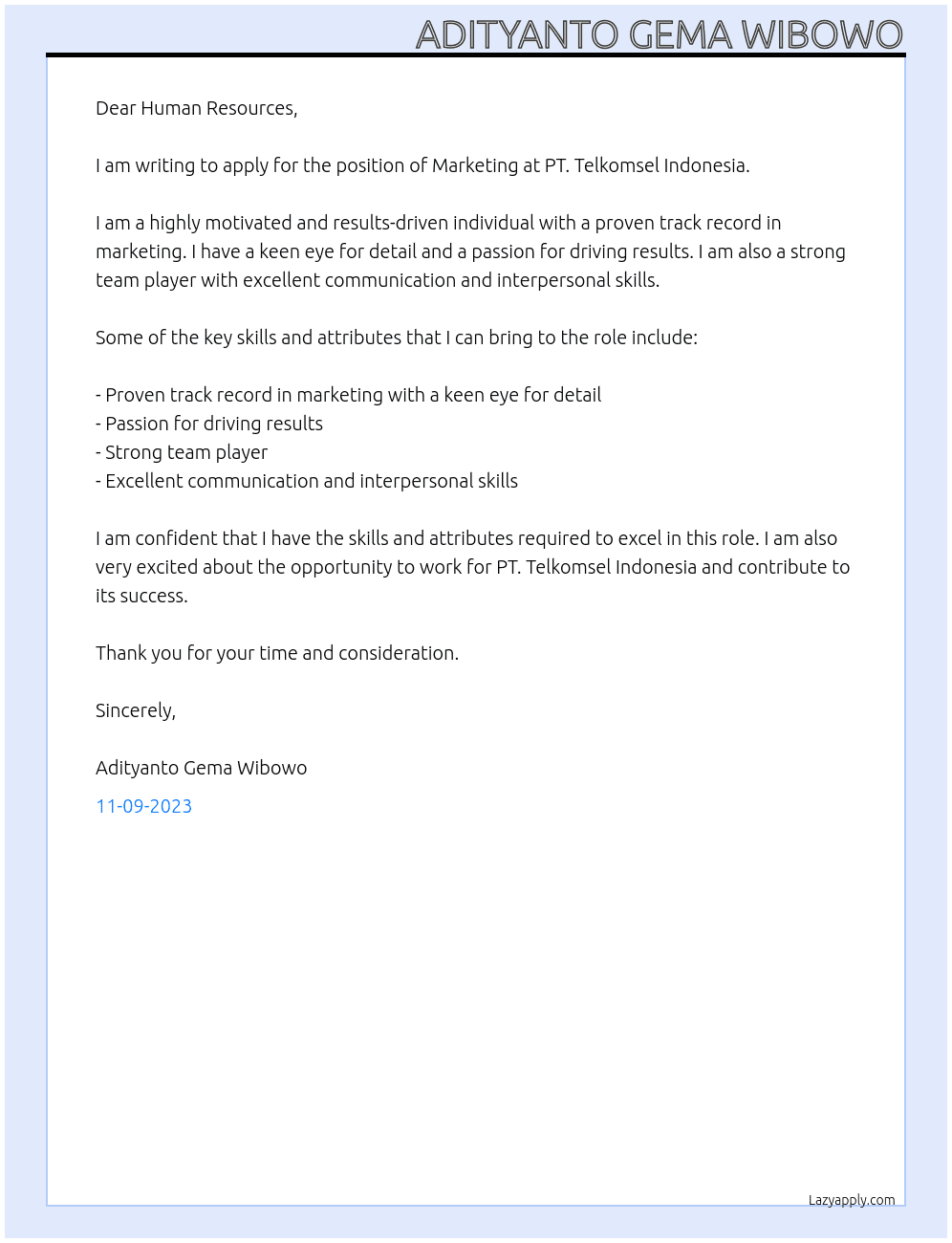 Marketing At PT. Telkomsel Indonesia Cover Letter