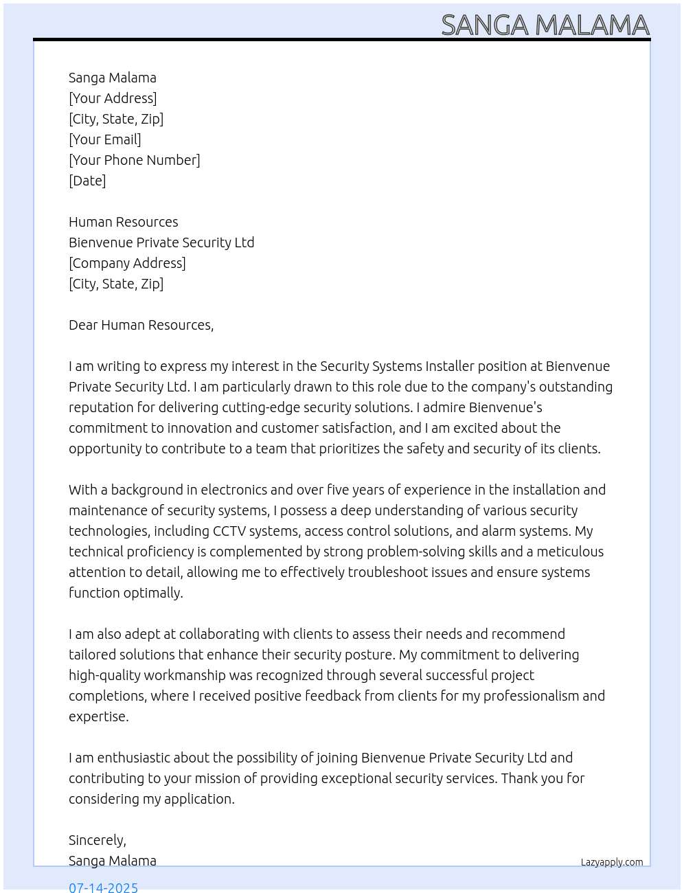 Security Systems Installer At Bienvenue Private Security Ltd Cover Letter