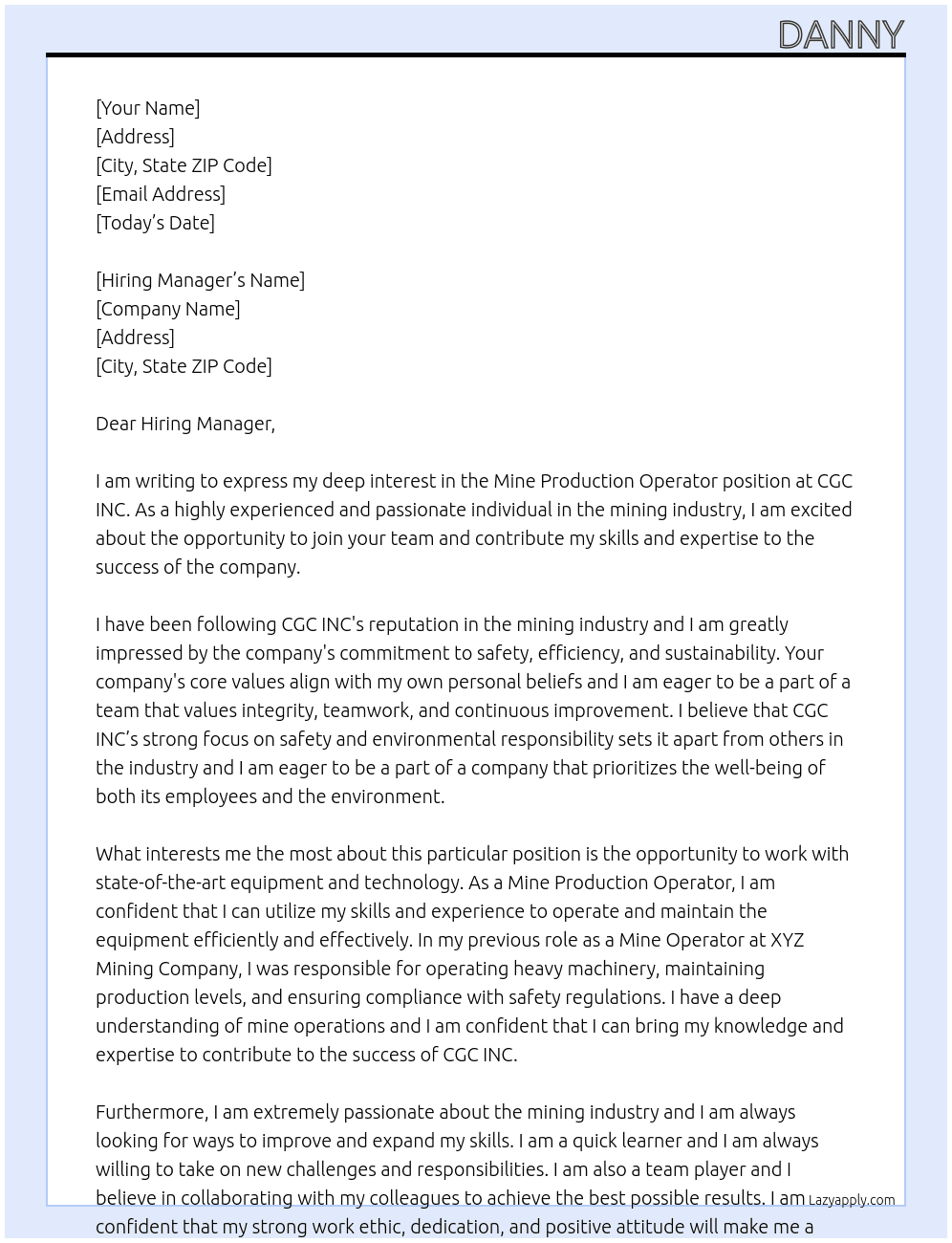 Mine production operator  At CGC INC Cover Letter