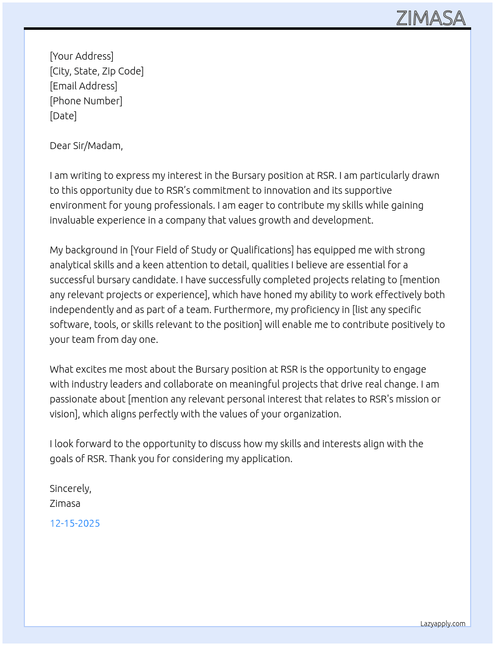 Bursary At RSR Cover Letter