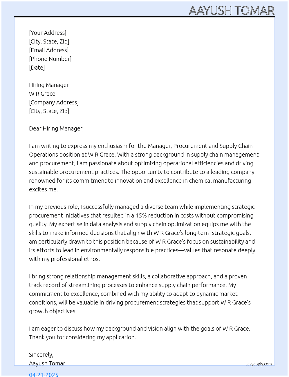 Manager, Procurement and Supply Chain Operations  At W R Grace  Cover Letter
