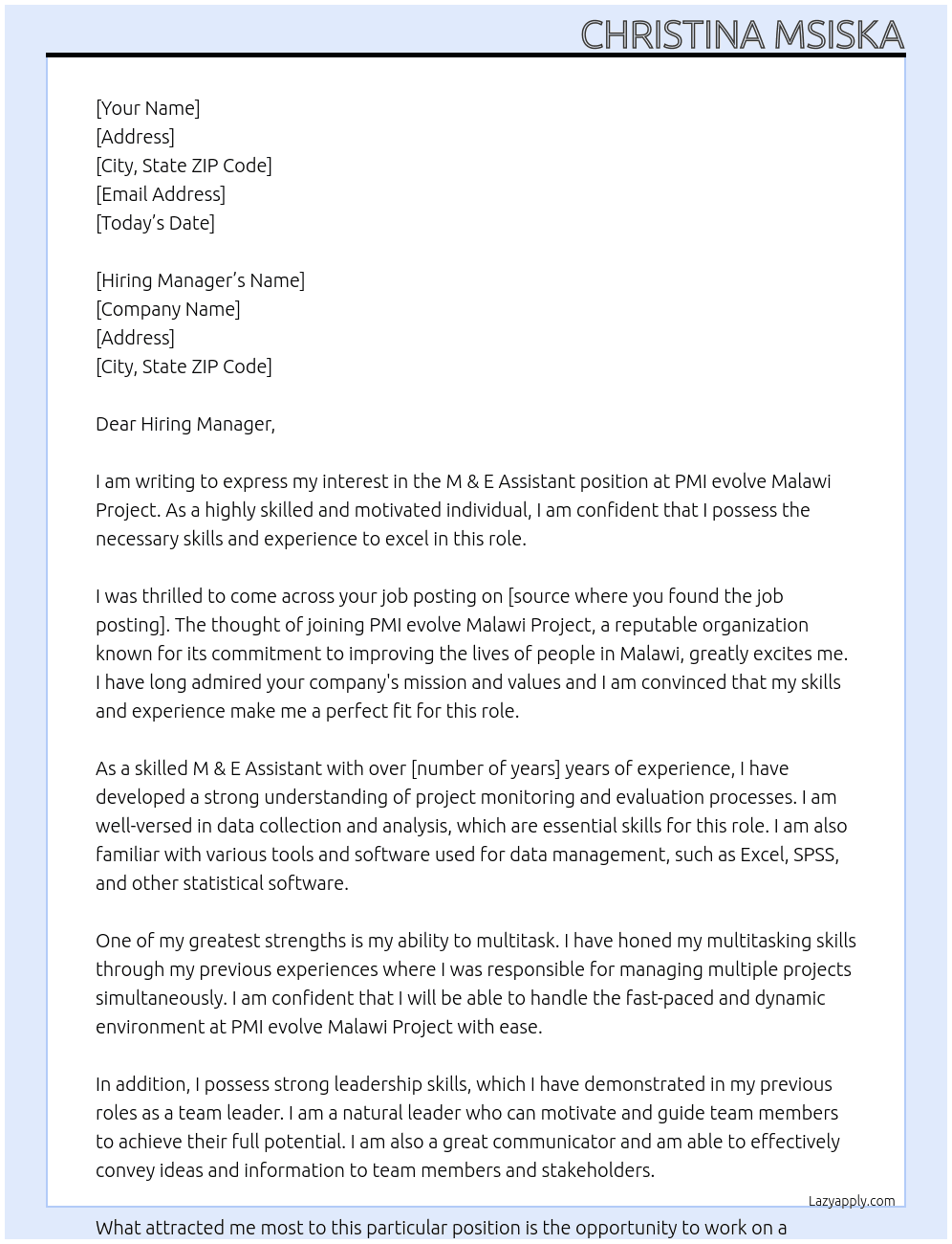M & E ASSISTANT At PMI evolve  malawi project Cover Letter