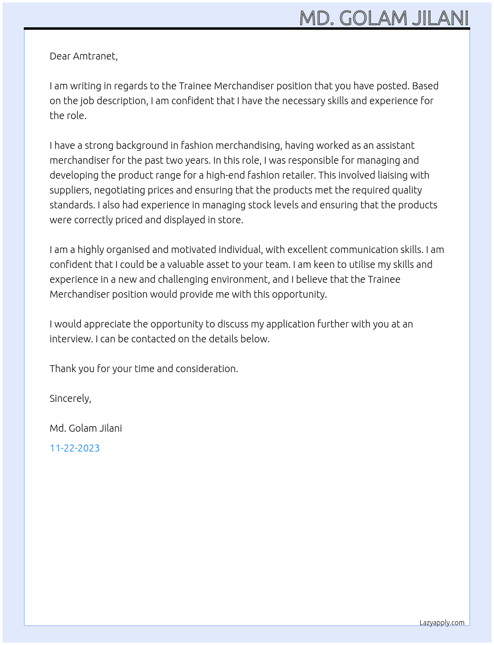 Trainee Merchandiser  At Amtranet Cover Letter