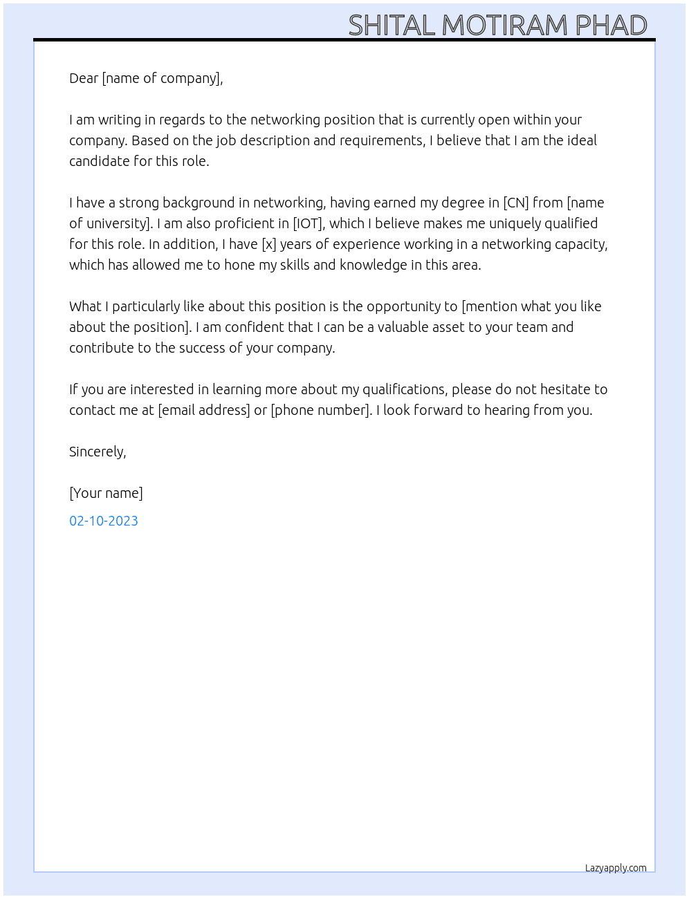 Networking  At TATA Communication Limited Company  Cover Letter