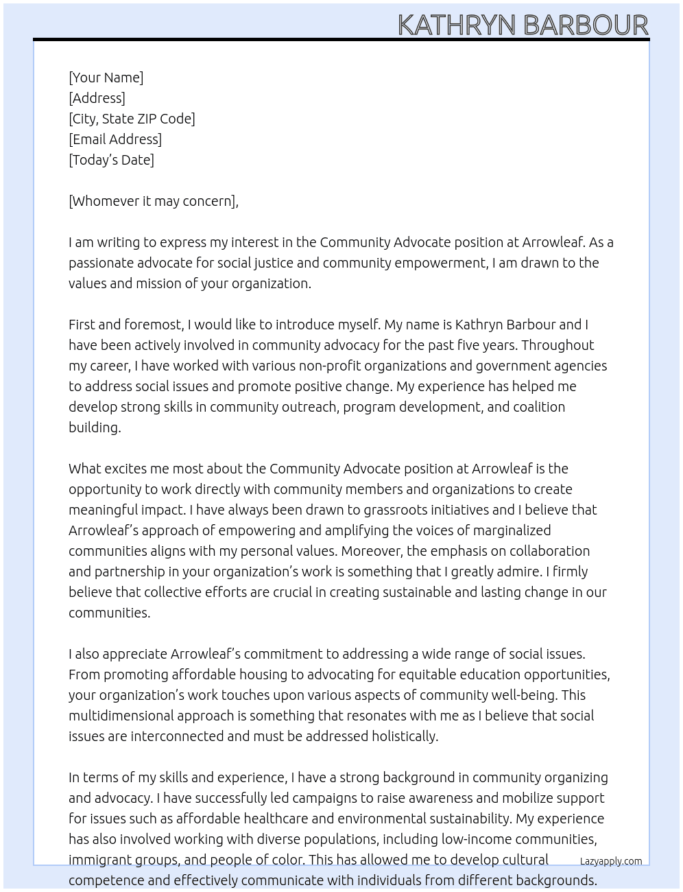 Community Advocate At Arrowleaf Cover Letter