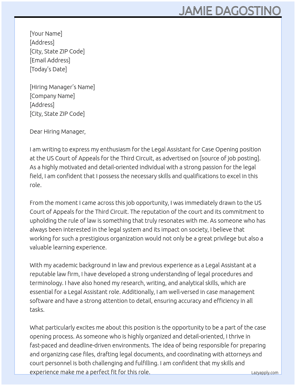 Legal Assistant for Case Opening At US Court of Appeals for the Third Circuit Cover Letter