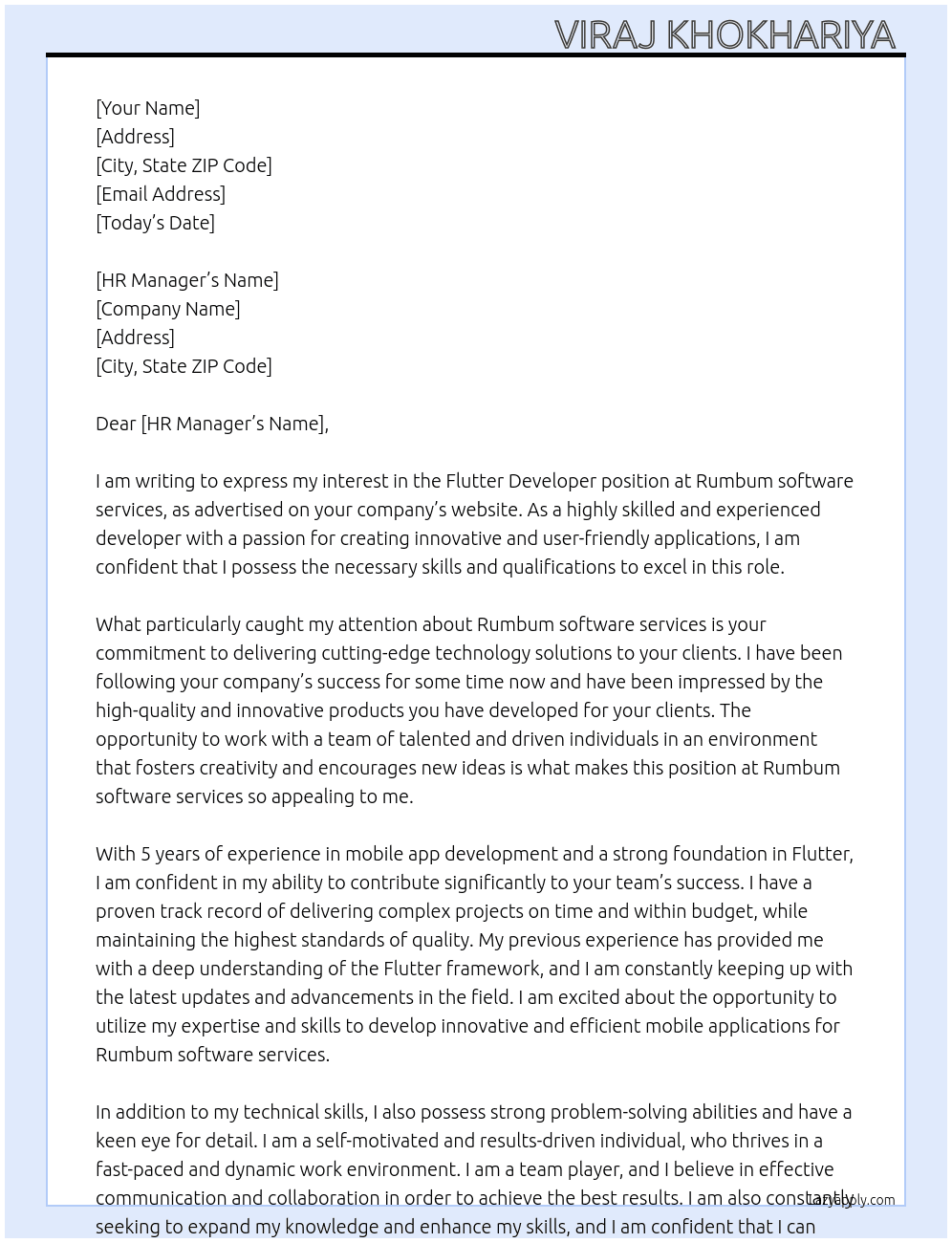 Flutte developer  At Rumbum software services  Cover Letter