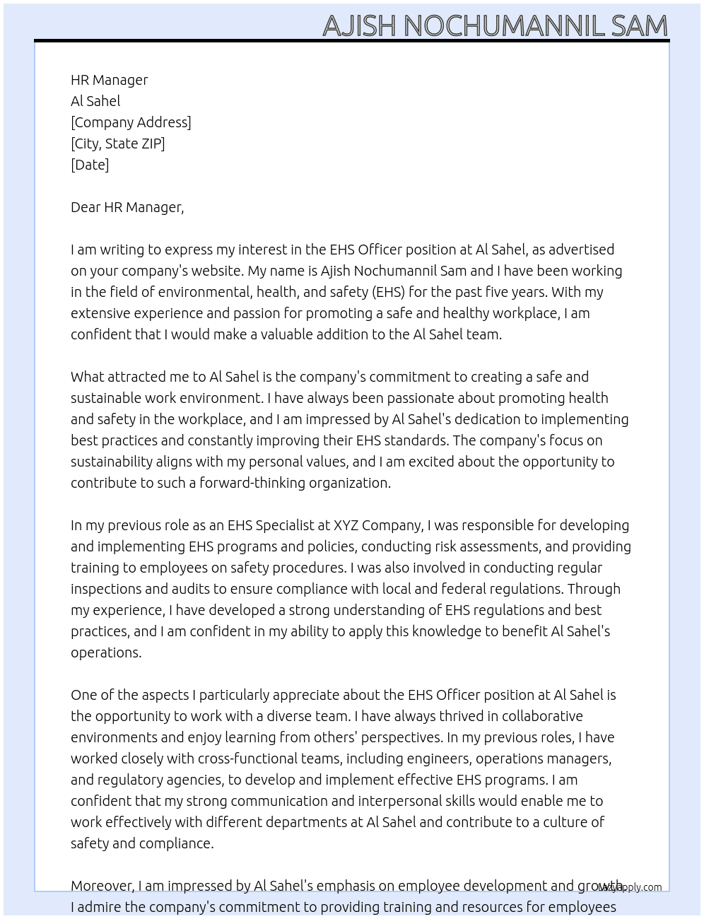 EHS OFFICER At Al Sahel Cover Letter