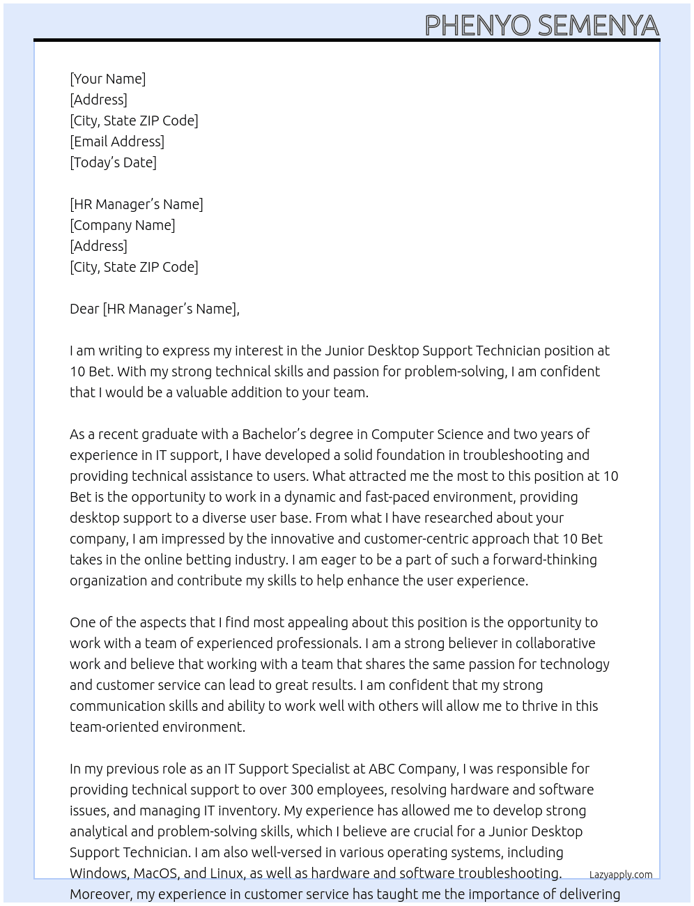 Junior desktop support technician At 10 Bet Cover Letter