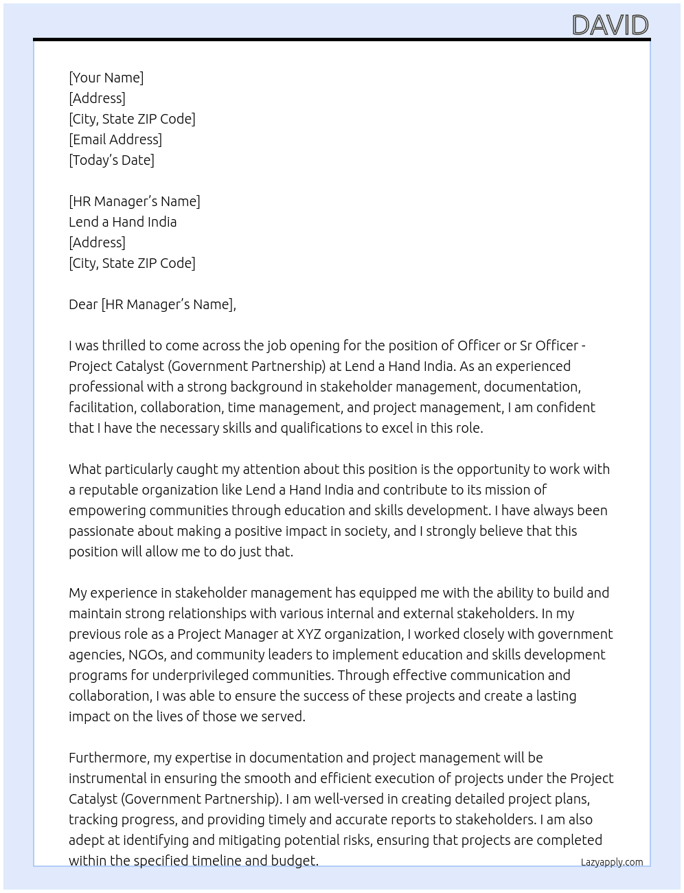 Officer, Sr Officer - Project Catalyst (Government Partnership) At Lend a hand India Cover Letter