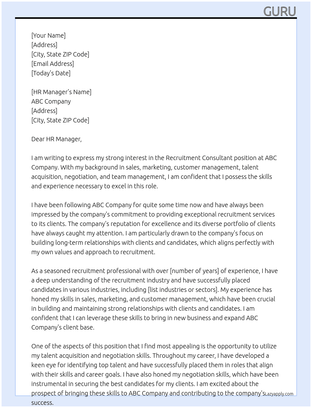 Recruitment Consultant  At ABC Cover Letter