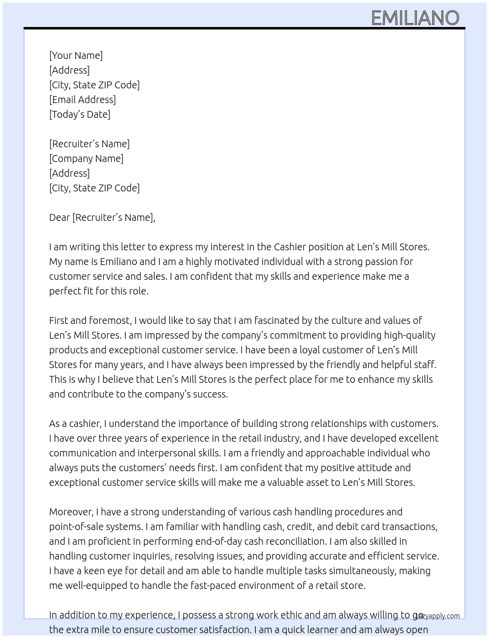 Cashier At Len’s mill stores  Cover Letter