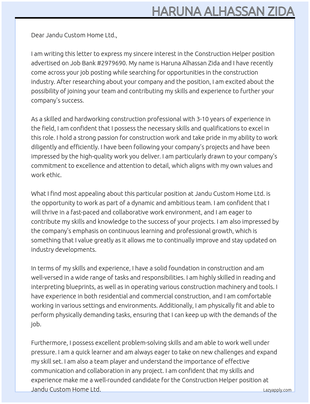 Construction helper At Job Bank #2979690 Cover Letter