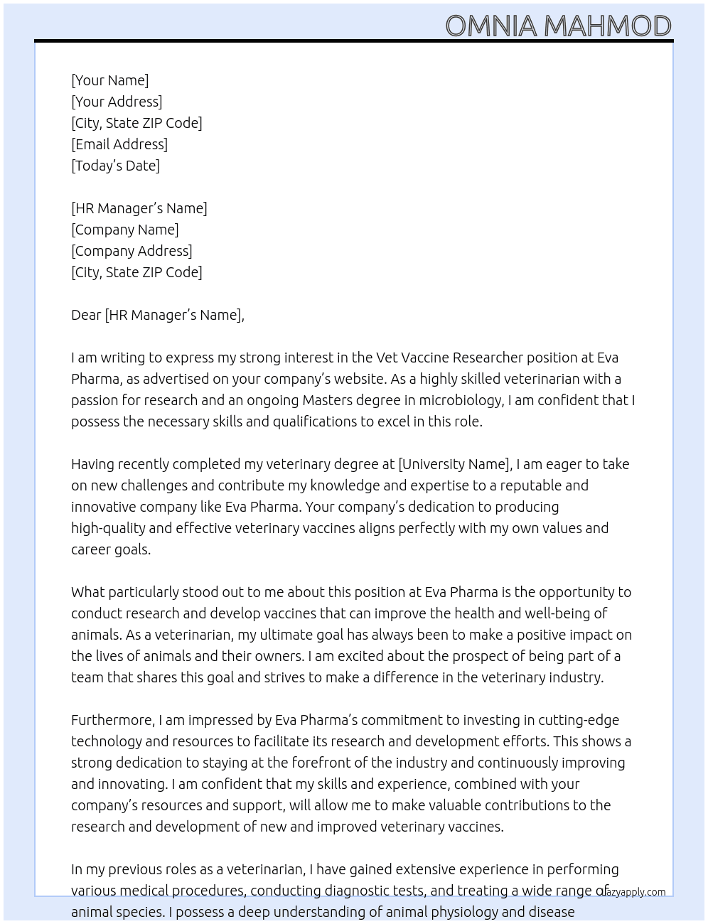 Vet Vaccine Researcher  At Eva pharma  Cover Letter